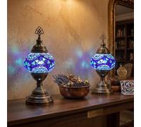 2X Turkish Moroccan Mosaic Table Lamp Stained Glass Bedside Light with 3 Color Options LED Bulb (Kobalt)