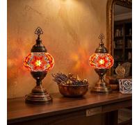 2X Turkish Moroccan Mosaic Table Lamp Stained Glass Bedside Light with 3 Color Options LED Bulb (Red and Orange)