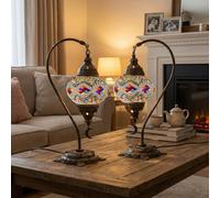 2X Turkish Moroccan Mosaic Table Lamp Swan Neck Stained Glass Bedside Light with 3 Color Options LED Bulb (Rainbow)