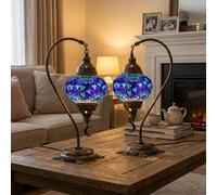2X Turkish Moroccan Mosaic Table Lamp Swan Neck Stained Glass Bedside Light with 3 Color Options LED Bulb (Blue)