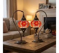 2X Turkish Moroccan Mosaic Table Lamp Swan Neck Stained Glass Bedside Light with 3 Color Options LED Bulb (Red-Orange)