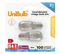 2X Unibulb Pygmy E14 100Lm 15W 2800K (Warm White) Incandescent Dimmable Light Bulbs For Fridge, Freezer, Oven, & Salt Lamps
