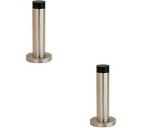 2x Wall Mounted Doorstop Cylinder on Rose Rubber Tip 102 x 22mm Satin Steel