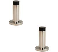 2x Wall Mounted Doorstop Cylinder on Rose Rubber Tip 76 x 22mm Bright Steel