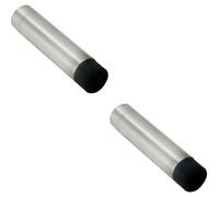 2x Wall Mounted Doorstop Cylinder with Rubber Tip 74 x 16mm Bright Steel