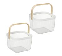 Relaxdays Wire Baskets with Handle, Set of 2, Metal & Bamboo, HxWxD: 17.5 x 26 x 24.5 cm, Stylish Storage, White