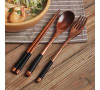 2X Wooden Flatware Set, Wooden Portable Set Chopsticks Spoon Fork Tableware Dinnerware with Black Twining Thread