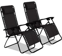 2X Zero Gravity Reclining Garden Chairs With Cup And Phone Holder, Outdoor Folding Sun Loungers - Black