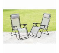 2X Zero Gravity Reclining Garden Chairs With Cup And Phone Holder, Outdoor Folding Sun Loungers - Grey