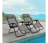 2x Zero Gravity Reclining Sun Lounger Chairs with Cup Holders