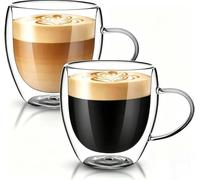 2x250ml Double Walled Insulated Glass, Cappuccino Mugs with Handles,Coffee Glass Insulated Latte Drinking Cup, Clear Glasses Mugs for Latte,Hot Drinks Tea Milk Juice Ice Cream
