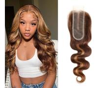 2x6 Closure Body Wave Honey Blonde Highlight 16 Inch Ombre Brown and Blond 2x6 Kim K Transparent Lace Closure Pre Plucked With Baby Hair #P4/27 Color Real Human Hair