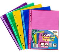 2XA4 50 Coloured Plastic Wallets Clear Strong Punched Ring Binder File Pockets
