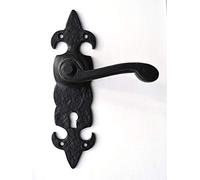 2xBlack Antique Door Handles Lever Lock Ornate Fleur-De-LYS