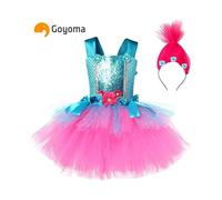 (2XL(10-12Y)) Trolls Cosplay Costume for Girls Princess Poppy Costumes with Headpiece Tutu Dresses on Birthday Party, Halloween,Christmas and School Role Play