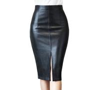 (2XL, black) Women Skirt High Waist Sheath Slim Fit Skinny Faux Leather Split Hem Knee Length Solid Color Smooth Zipper Closure OL Commute Lady Midi Skirt