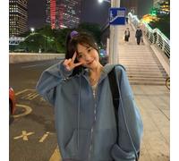(2XL, blue) Padded Thickened Sweater Women's Loose Hooded Autumn And Winter Cardigan Zip Student Plus Size Jacket