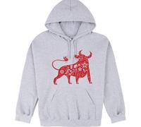 (2XL) Chinese Zodiac New Year OX Bull Cow Animal Grey Hooded Sweater Mens Hoodie