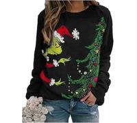 (2XL, Green) The Grinch Print Long Sleeve Sweatshirt Women Crew Neck Casual Loose Pullover Jumper Tops2023 gifts