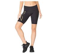 2XU Women's Light Speed Mid-Rise Compression Shorts, Black/Gold Reflective, S