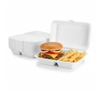 2you 50 x Burger Meal Boxes Bagasse Clamshell Takeaway Food Containers 2 Section Disposable Food Boxes for Burger Chips Fast Food Catering Street Packaging