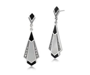 3.00ct Black Onyx, Mother of Pearl & Marcasite 925 Sterling Silver Art Deco Drop Earrings