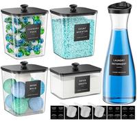 3+1+1 Pack Laundry Pods Container & Dryer Sheet Holder with Lid, 54OZ Liquid Soap Detergent Dispenser for Powder, Beads and Fabric Softener, Black Laundry Room Organization and Storage, 10 Labels