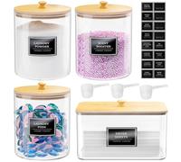 3+1 Pack Glass Laundry Pods Container,Laundry Room Organization Jar,Laundry Detergent Powder Storage Containers with Airtight Lids & Labels,laundry Detergent Dispenser for Scent Beads,Powder,Pods