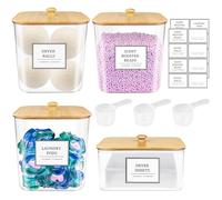 3+1 Pack Laundry Pods Container,Clear Laundry Room Organization Containers,Large Laundry Detergent Powder Storage Containers with Bamboo Lids & Labels,Laundry Pods Holder for Scent Booster,Powder,Pods