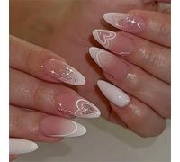3. 24PCS Reusable Almond French Tip Nails Sparkling White Heart Glitter Design For Wedding Reusable Press On Nail With Glossy Finish
