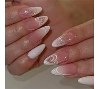 3. 24pcs Reusable Almond French Tip Nails Sparkling White Heart Glitter Design Wedding ABS Press Claws