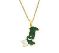 3.2CM Pakistan Map Flag Pendant Necklaces Stainless Steel Pakistani Ethnic Jewelry For Women Men(Gold Color,60cm)