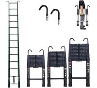 3.2M Telescopic Folding Ladder Black Aluminium Telescopic Ladder 82cm to 3.2m 11 Rungs Multi-Purpose Extendable Ladder with Non-Slip Feet & Detachable Hooks Extension Ladder for Home, Attic, Garden