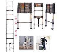 3.2m Telescopic Ladder, 10.5ft Stainless Steel Telescoping Ladder, 10 Steps Multi-Purpose Folding Extendable Ladder, Collapsible Loft Ladders for Outdoor Indoor Work, 150kg Capacity