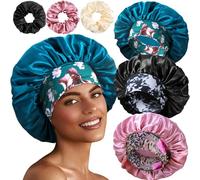 3+3 Large Satin Bonnets with Scrunchies for Women, Wide Band Hair Bonnet for Sleeping Braids Curly Hair, D - Floral Black, Rose Gold, Teal, One size