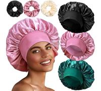 3+3 Large Satin Bonnets with Scrunchies for Women, Wide Band Hair Bonnet for Sleeping Braids Curly Hair, B