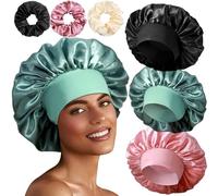 3+3 Large Satin Bonnets with Scrunchies for Women, Wide Band Hair Bonnet for Sleeping Braids Curly Hair, #A - Black, Sage, Blush Pink, One size