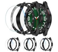[3+3Pack] Kamita 3 in 1 Case for Samsung Galaxy Watch 6 Classic 47mm, 3 Tempered Glass Screen Protector+3 Hard PC Bumper Cover+3 Bezel Frame Ring Adhesive Covers for Galaxy Watch6 Classic (Black*3)