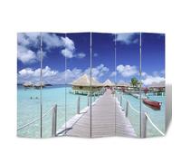 3/4/5/6x Room Divider Print Beach/Flower Wood Frame Foldable Pink/Blue 2-Side