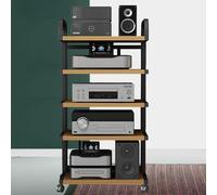 3/4/5 Tier Audio HiFi Rack Mobile HiFi Stand MultiMedia Support Shelf Stereo Turntable Rack with Universal Wheels Black Wood Audio Storage Unit