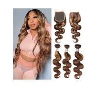 3 4 Bundles Peruvian Honey Brown Remy Human Hair with Closure Highlight P4/27 Body Wave Bundle with 4x4 HD Lace Closure(26 26 26 26 with 20)