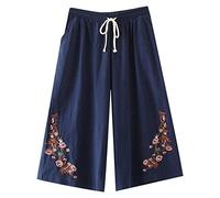 3 4 Length Linen Trousers Womens Yoga Pants Waterproof Trousers Beach Sale Clearance Large Size Casual Cotton Linen Loose Cropped Pants Wide Leg Pants with Pockets Navy