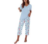 3/4 Length Pyjamas For Women 2 Piece Short Sleeve Floral Print Pyjama Set Soft Comfy Cotton V Neck Loungewear Tops and Capri Pants with Pockets Lightweight Breatheable Sleepwear Nightwear Sky Blue