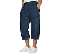 3/4 Length Shorts Men Below Knee Cargo Three Quarter Length Trousers Elasticated Waist Cargo Combat Shorts Summer Long Short Pants with Multi Pockets Lightweight Outdoor Casual Trousers Navy