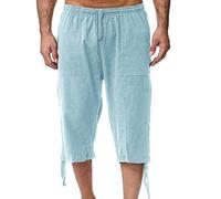 3/4 Length Shorts Men Long Mens Linen Shorts Three Quarter Length Trousers Beach Cargo Pants Lightweight Lounge Elasticated Waist Drawstring Joggers with Pocket Light Blue L