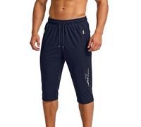 3/4 Length Shorts Men Solid Quick Dry Comfortable Elastic Waist Lightweight Short Trouser Zipper Pockets Below Knee Short Pants Casual Sports Drawstring Summer Jogging Shorts Gym Beach Bottoms