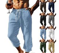 3/4 Length Shorts Men Summer Casual Linen Trousers Men Cotton Loose Long Capri Shorts Solid Three Quarter Length Work Golf Beach Pants with Pockets Elasticated Waist Cropped Trousers Light Blue