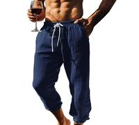 3/4 Length Shorts Men Summer Casual Linen Trousers Men Cotton Loose Long Capri Shorts Solid Three Quarter Length Work Golf Beach Pants with Pockets Elasticated Waist Cropped Trousers Dark Blue