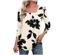 3/4 Length Sleeve Shirts for Womens Summer Tops Square Neck Floral Print Tees Blouses Dressy Casual Shirts Plus Size Pullover Trendy Loose Blouse Tunic Tops to Wear with Leggings