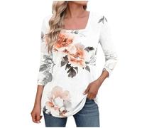 3/4 Length Sleeve Shirts for Womens Summer Tops Square Neck Floral Print Tees Blouses Dressy Casual Shirts Plus Size Pullover Trendy Loose Blouse Tunic Tops to Wear with Leggings